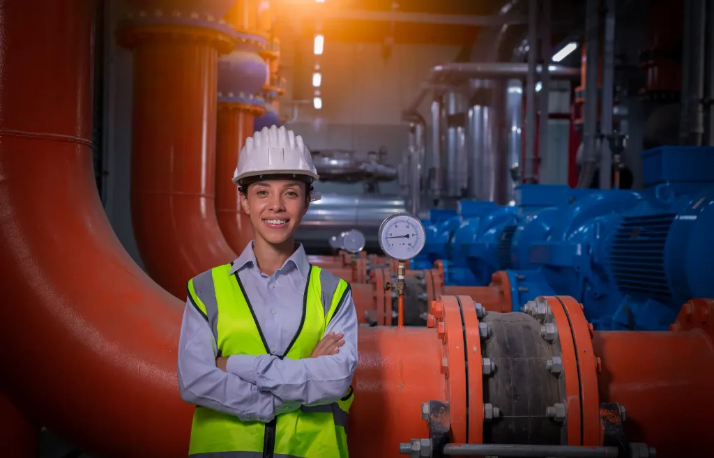 Supervisor de seguridad e higiene industrial felizmente trabajando en planta.