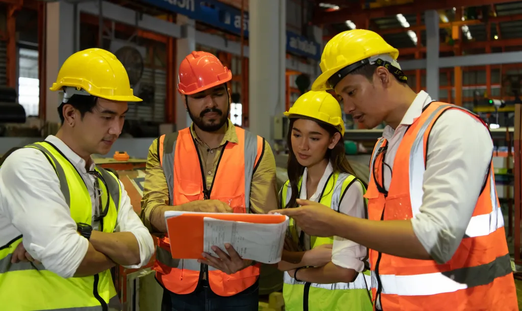 Equipo de ingenieros con cascos amarillos y naranjas en capacitación de como prevenir accidentes laborales.