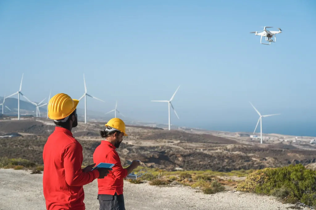 Ingenieros realizando una inspección visual con drones de un parque eólico.