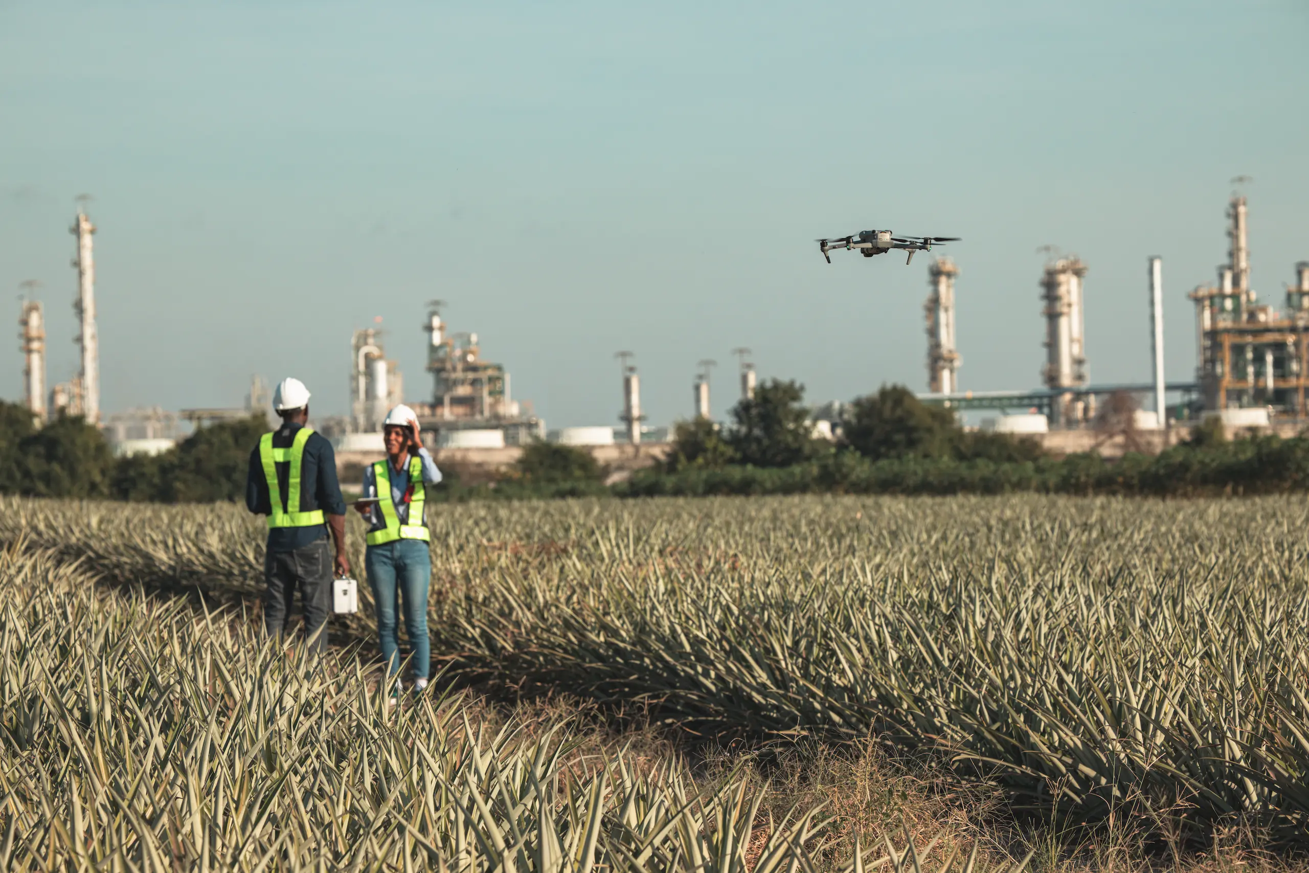 Ingenieros realizando una inspección visual de campo en una planta petroquímica en búsqueda de fallas.