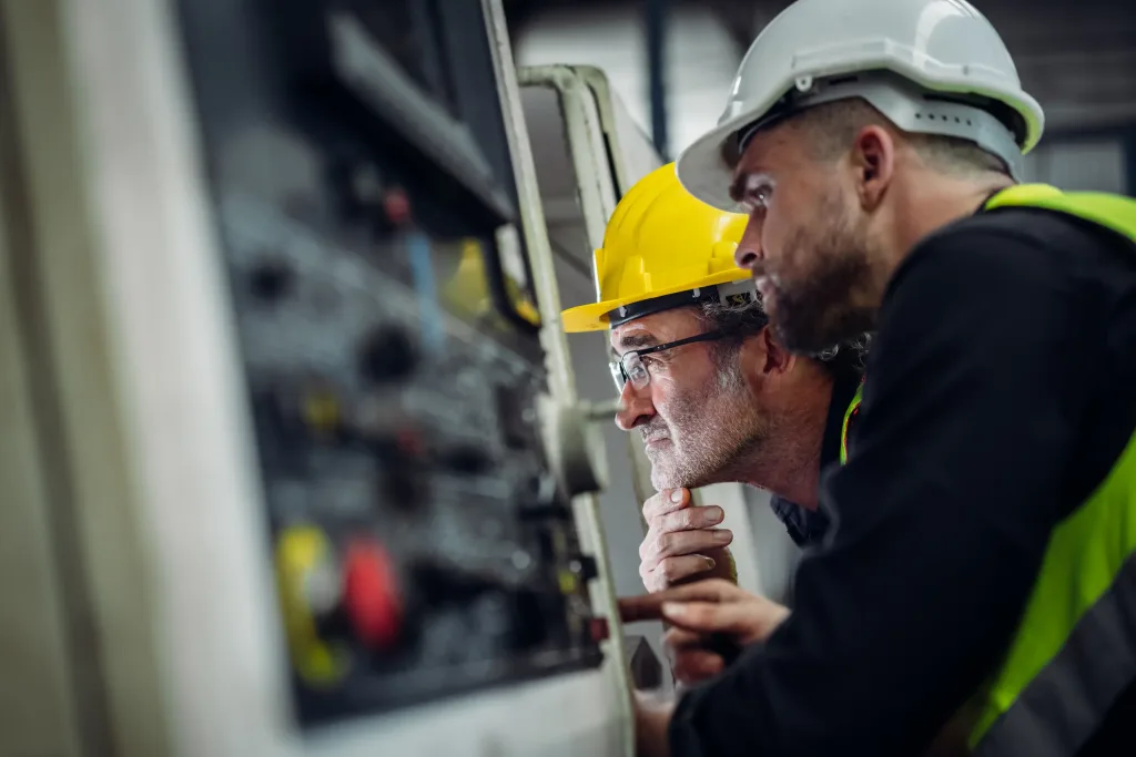 Dos técnicos con epp para la prevención laboral. 