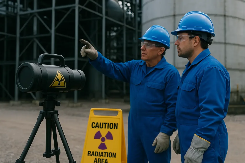 Técnicos industriales realizando inspección de soldadura por radiografía en obra, con equipo de protección, trípode con fuente de radiación y señalización de seguridad. Fondo con estructura metálica o tanque industrial.
