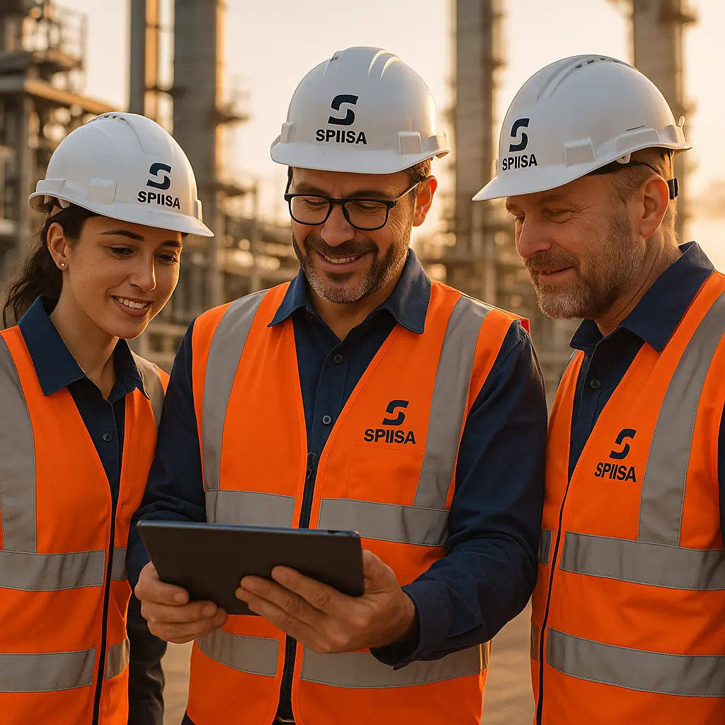 Ingenieros y técnicos de SPIISA en una planta industrial al aire libre, revisando resultados de una inspección radiográfica en una tablet o laptop.