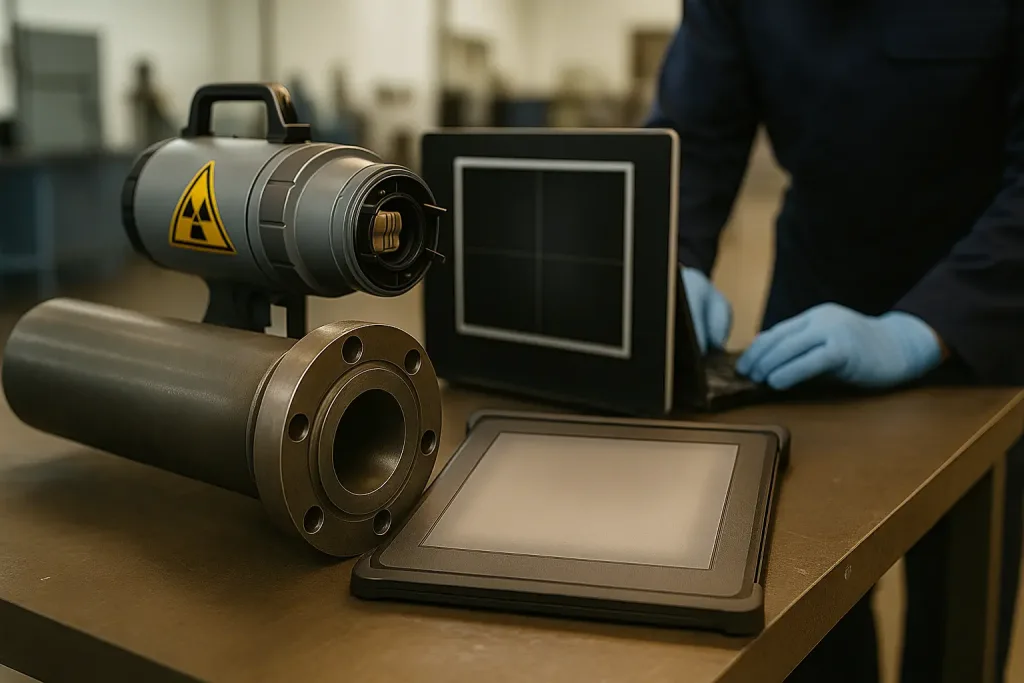 Laboratorio industrial con técnico preparando equipo de rayos X o gammagrafía para inspección de metal.