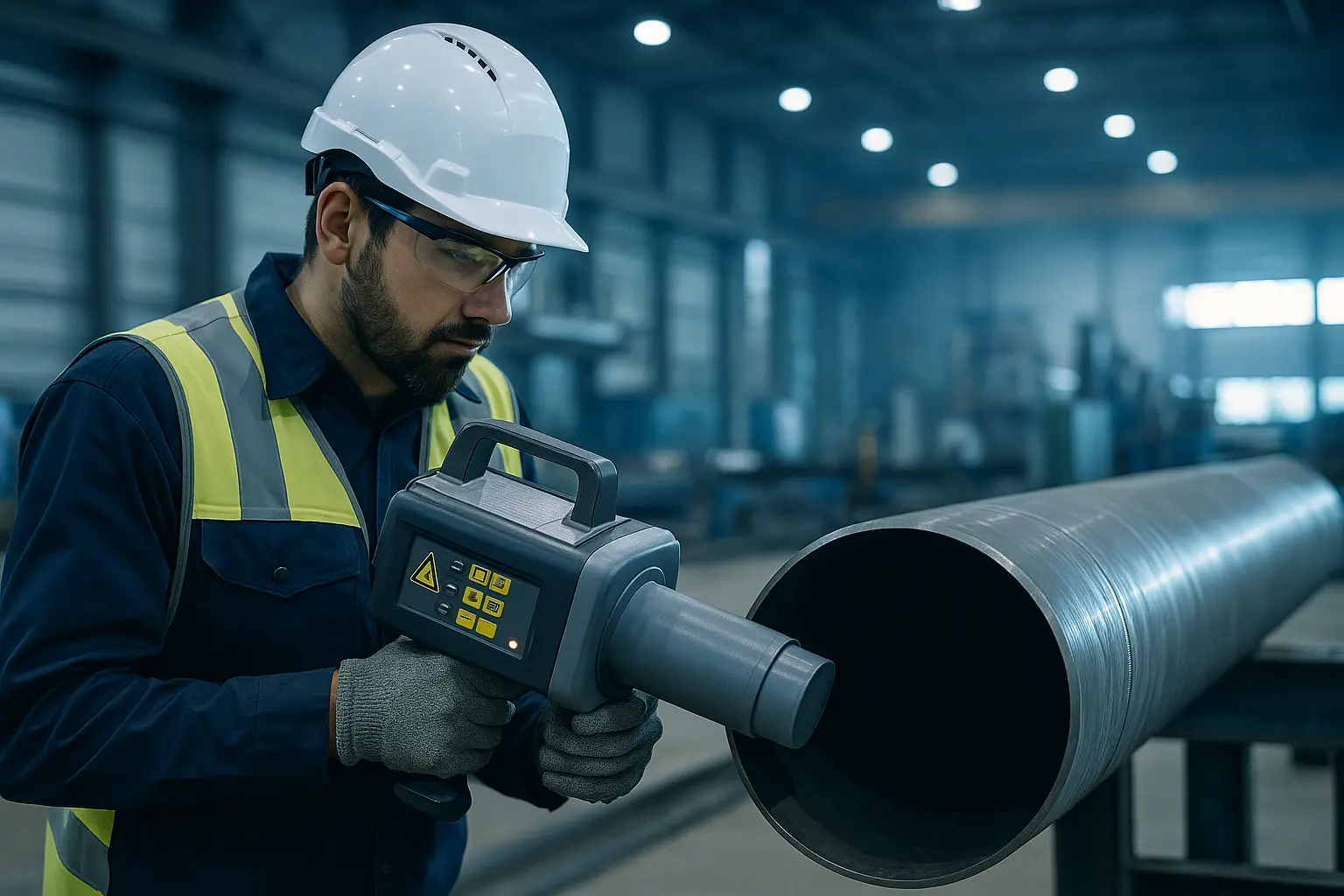 Técnico de inspección industrial usando equipo portátil de rayos X frente a una tubería metálica en planta petroquímica, con luz fría azul-gris y fondo de taller limpio.