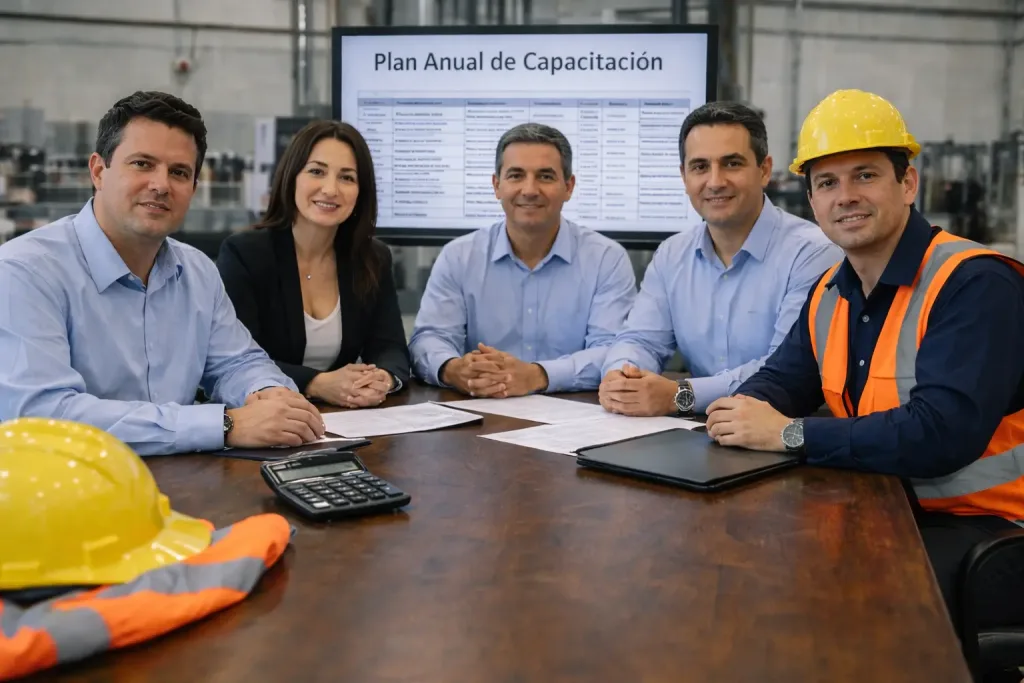 Escena corporativa en sala de juntas industrial. Representantes del patrón y trabajadores reunidos al analizar el plan anual de capacitación en pantalla. Ambiente profesional, ropa formal e industrial combinada.