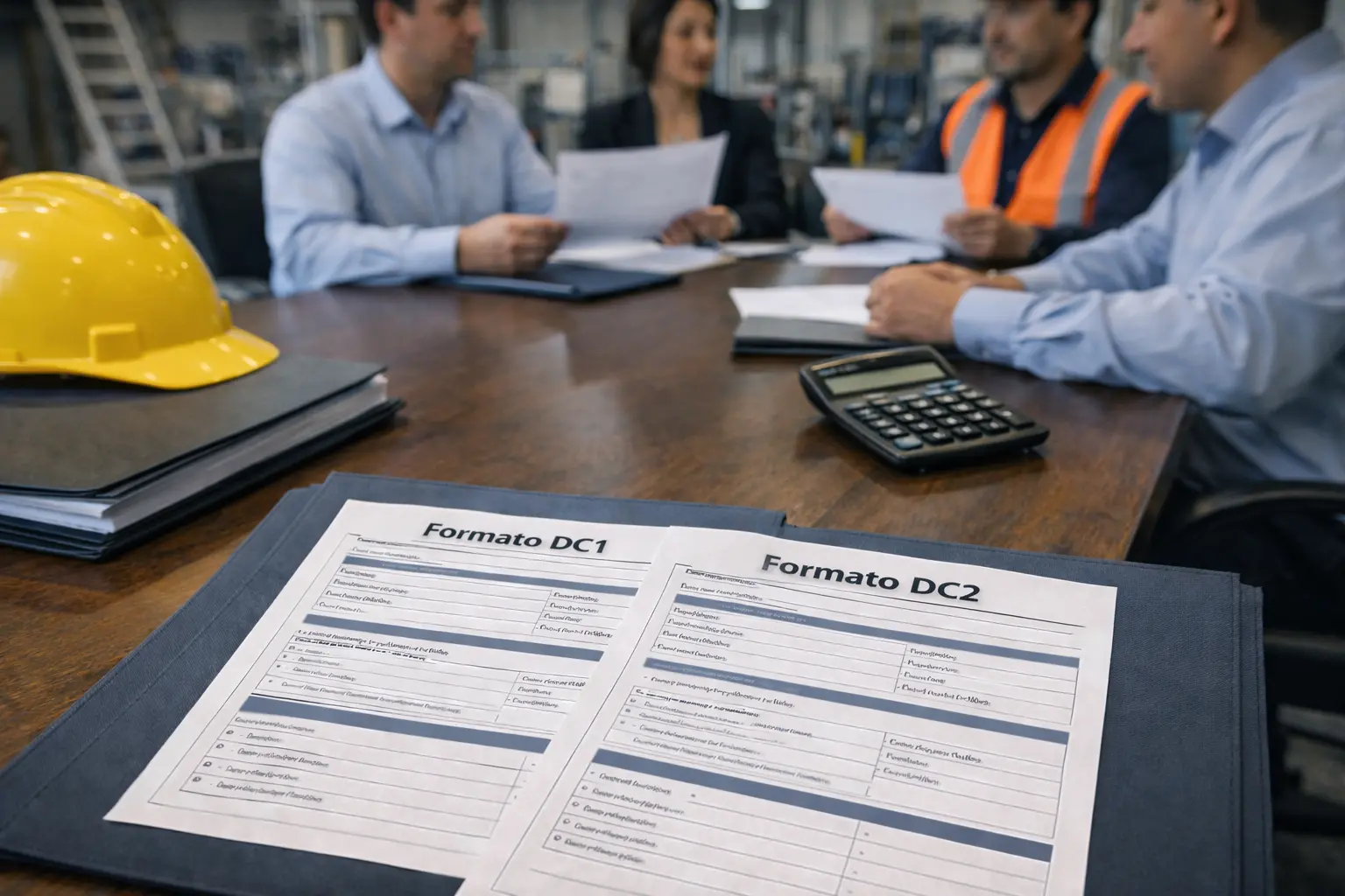 Fotografía corporativa profesional en oficina industrial mexicana. Sobre una mesa de juntas se observan dos documentos tipo formato DC1 y formato DC2 organizados junto a carpeta empresarial y calculadora. En segundo plano, ligeramente desenfocado, se aprecia una reunión ejecutiva con personas revisando documentos