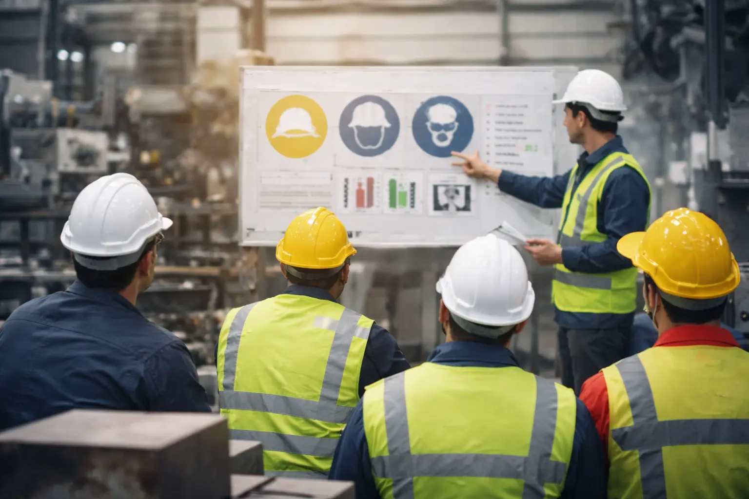 Ingenieros y personal técnico participan en una capacitación en seguridad y operación dentro de un entorno industrial, atendiendo una sesión formativa impartida en sitio.