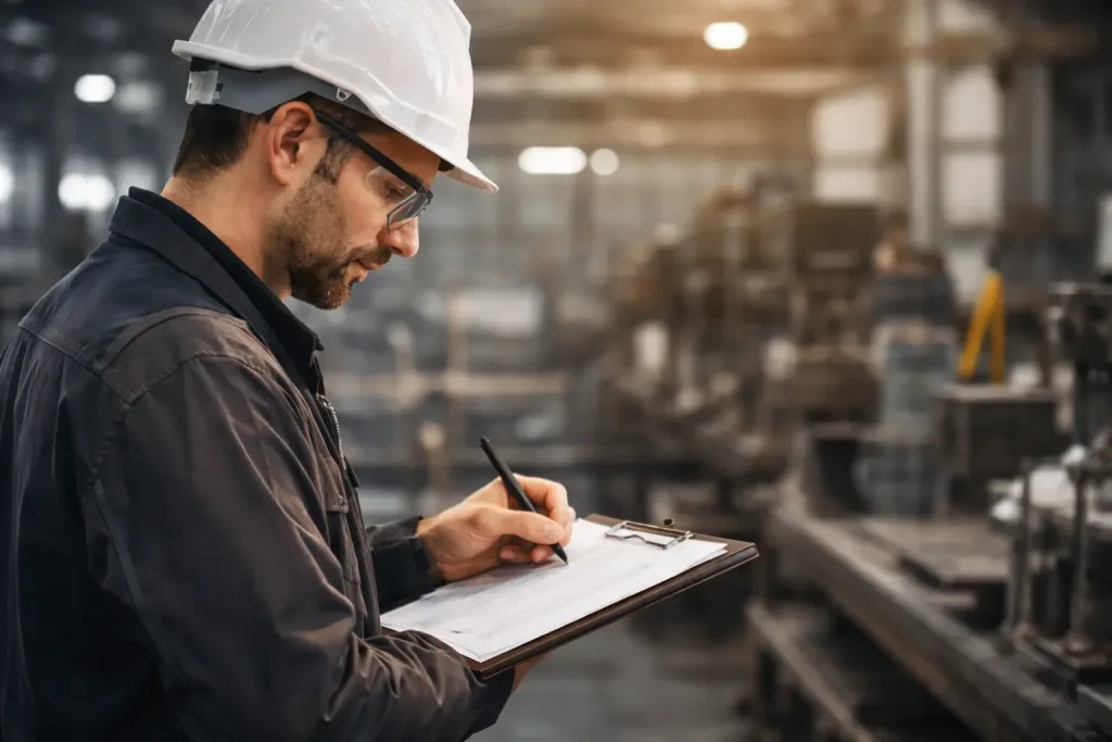 Ingeniero industrial revisa y documenta información en una tabla de control dentro de una planta de producción, como parte de un proceso de verificación y seguimiento operativo.