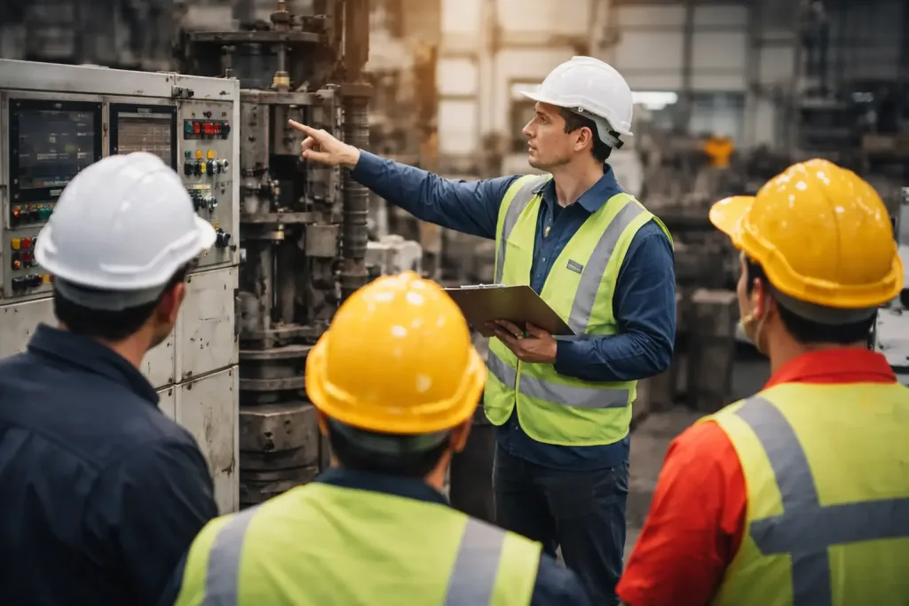 Ingeniero imparte capacitación técnica a personal operativo dentro de una planta industrial, señalando procedimientos y controles de operación en maquinaria.