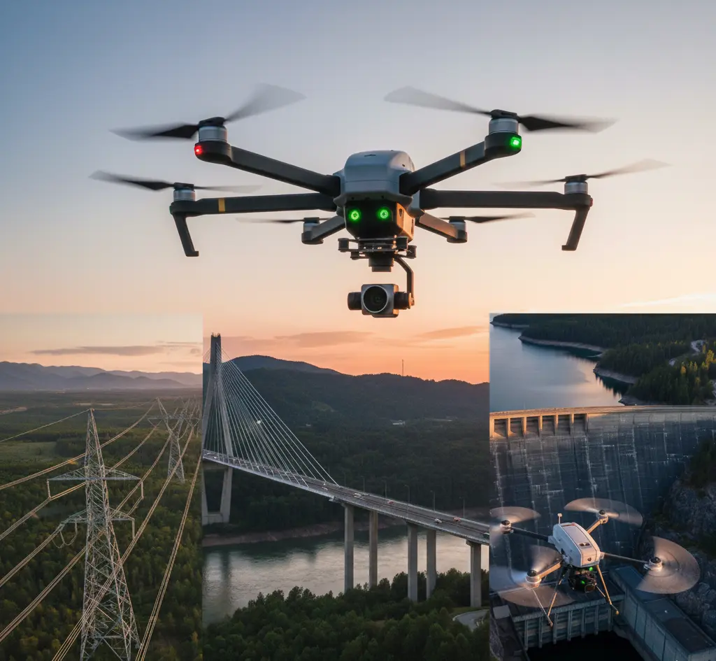 Dron sobrevolando distintos tipos de infraestructuras