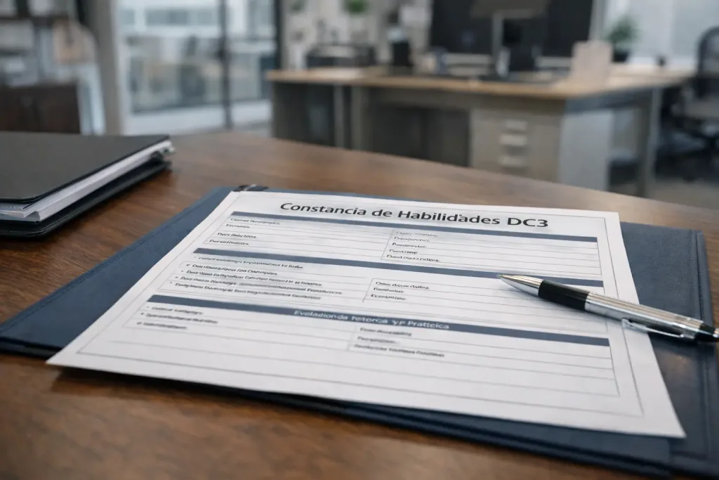 constancia-de habilidades-laborales-dc3-apoyo-profesional-SPIISA Imagen detallada de un documento tipo constancia de habilidades laborales DC3 sobre escritorio corporativo, acompañado de carpeta de expediente laboral y bolígrafo. Fondo desenfocado con oficina moderna.