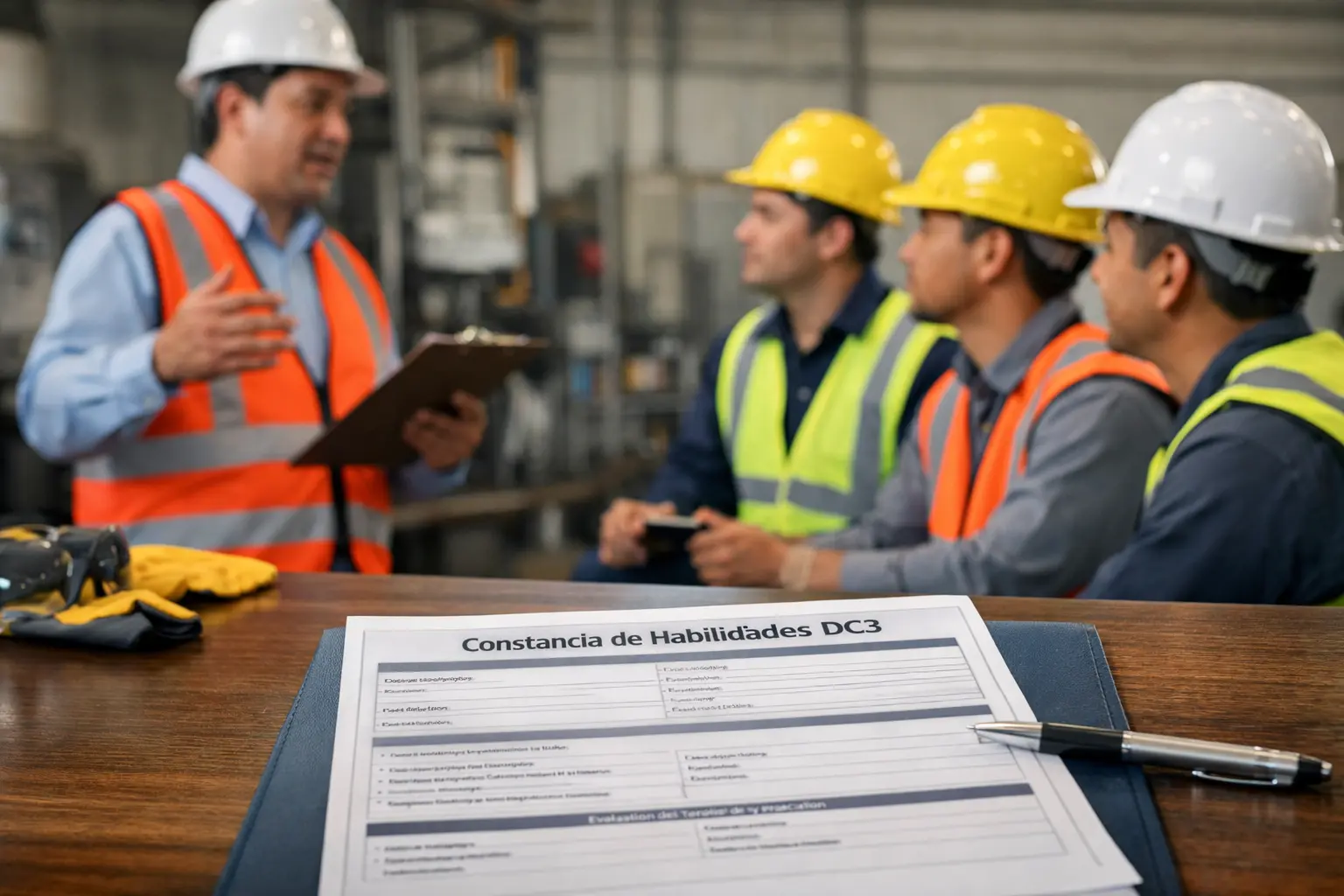 Instructor capacitando a trabajadores en un entorno industrial seguro (casco, chaleco reflejante). Sobre una mesa se observa un documento tipo constancia DC3 con campos visibles pero sin datos reales.
