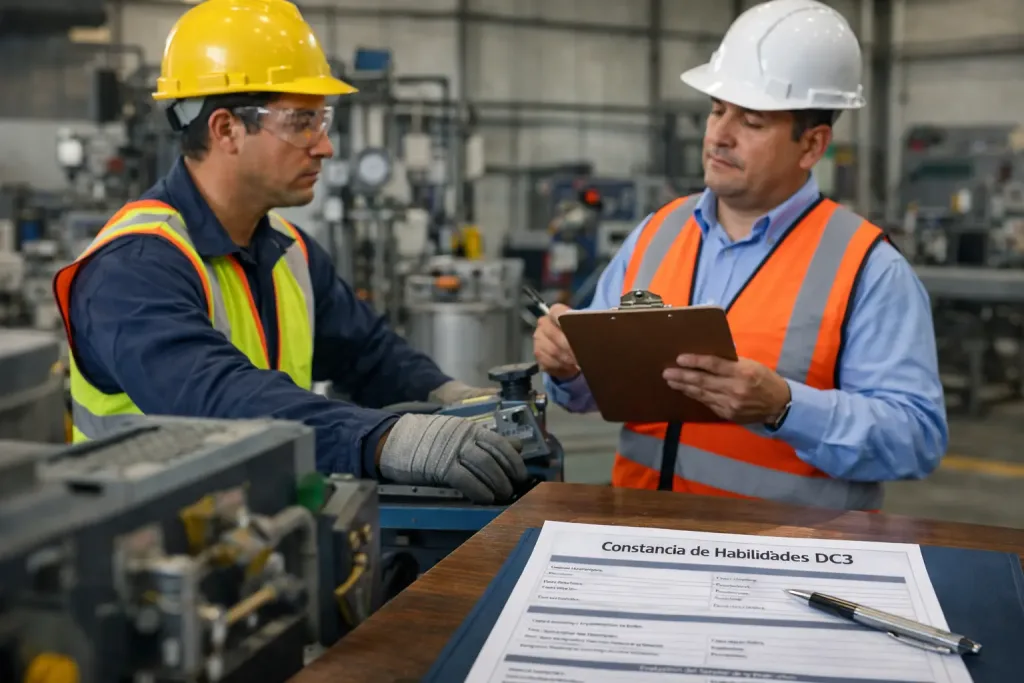 constancia-de habilidades-laborales-dc3-cuando-se-requiere Escena profesional donde un trabajador realiza una evaluación práctica supervisada por un agente capacitador con portapapeles. Ambiente industrial técnico, equipo de seguridad visible. En segundo plano, una mesa con documentos tipo formato DC3.