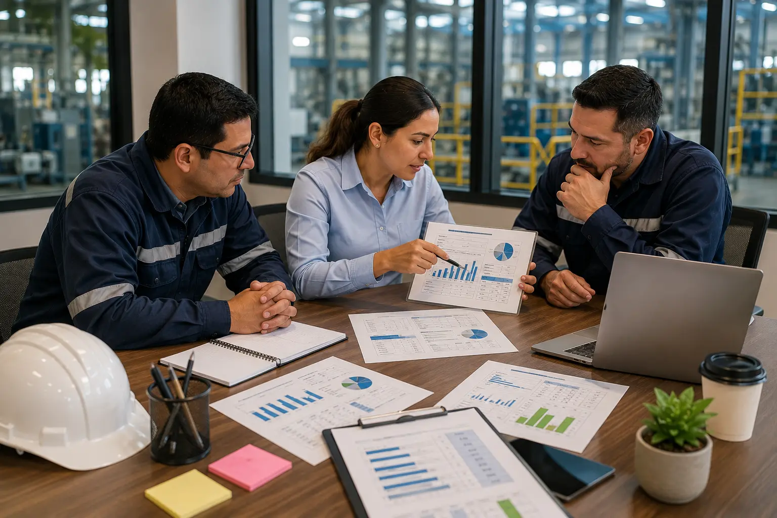 Equipo de trabajo revisando indicadores de desempeño, reportes operativos y objetivos organizacionales como parte del proceso de detección de necesidades de capacitación en la empresa.