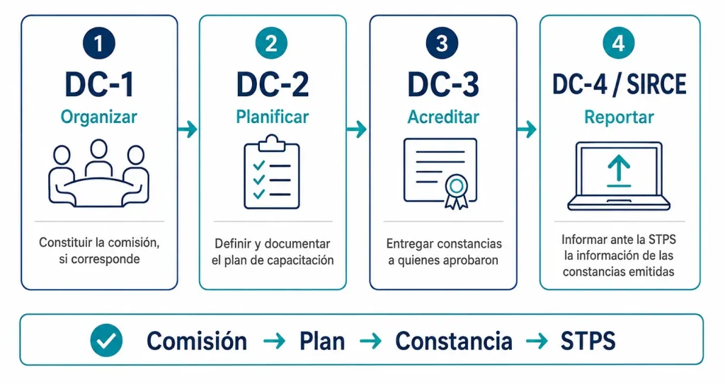 Infografía que resume el proceso de los formatos DC: DC-1 para organizar, DC-2 para planificar, DC-3 para acreditar y DC-4 mediante SIRCE para reportar la información ante la STPS.