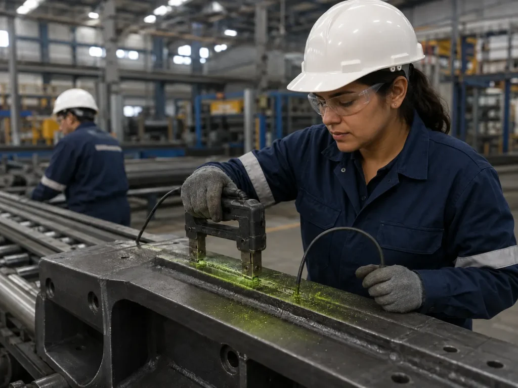 Ensayo por partículas magnéticas en componente industrial 